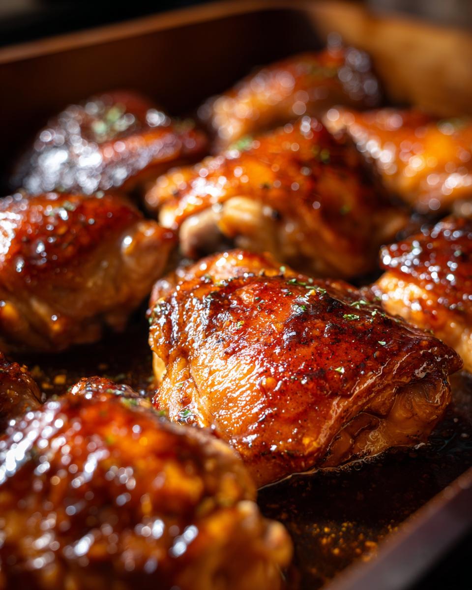 Close-up shot of glistening, baked honey garlic chicken thighs in a pan, sprinkled with herbs.