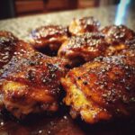 Close-up of glistening honey garlic chicken thighs, seasoned with herbs and spices.