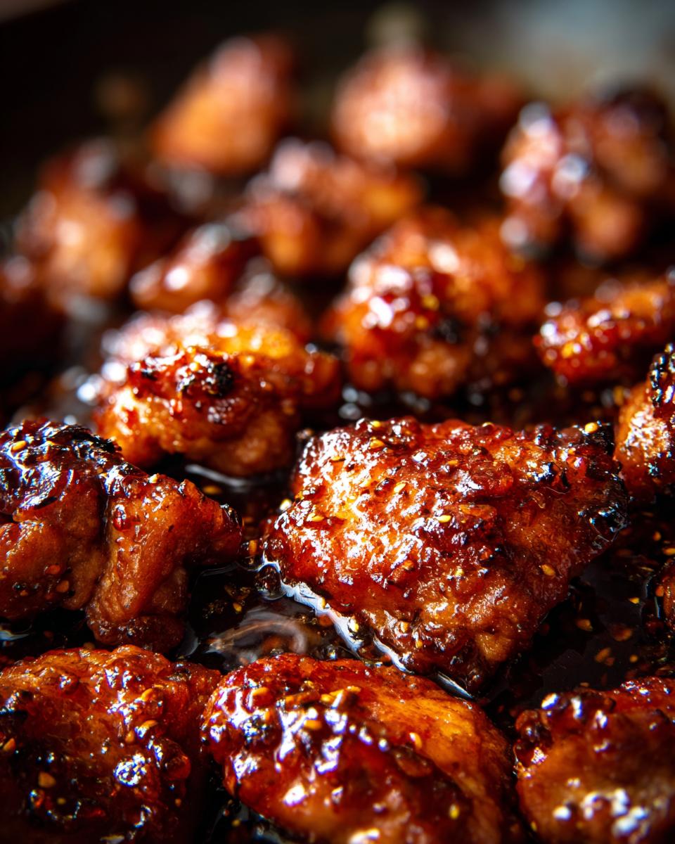 Close-up of glistening honey garlic chicken thighs coated in a sticky sauce and sprinkled with sesame seeds.
