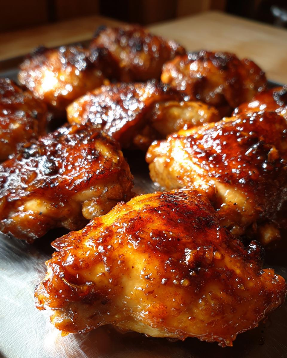 Close-up of glistening honey garlic chicken thighs, perfectly cooked and caramelized.