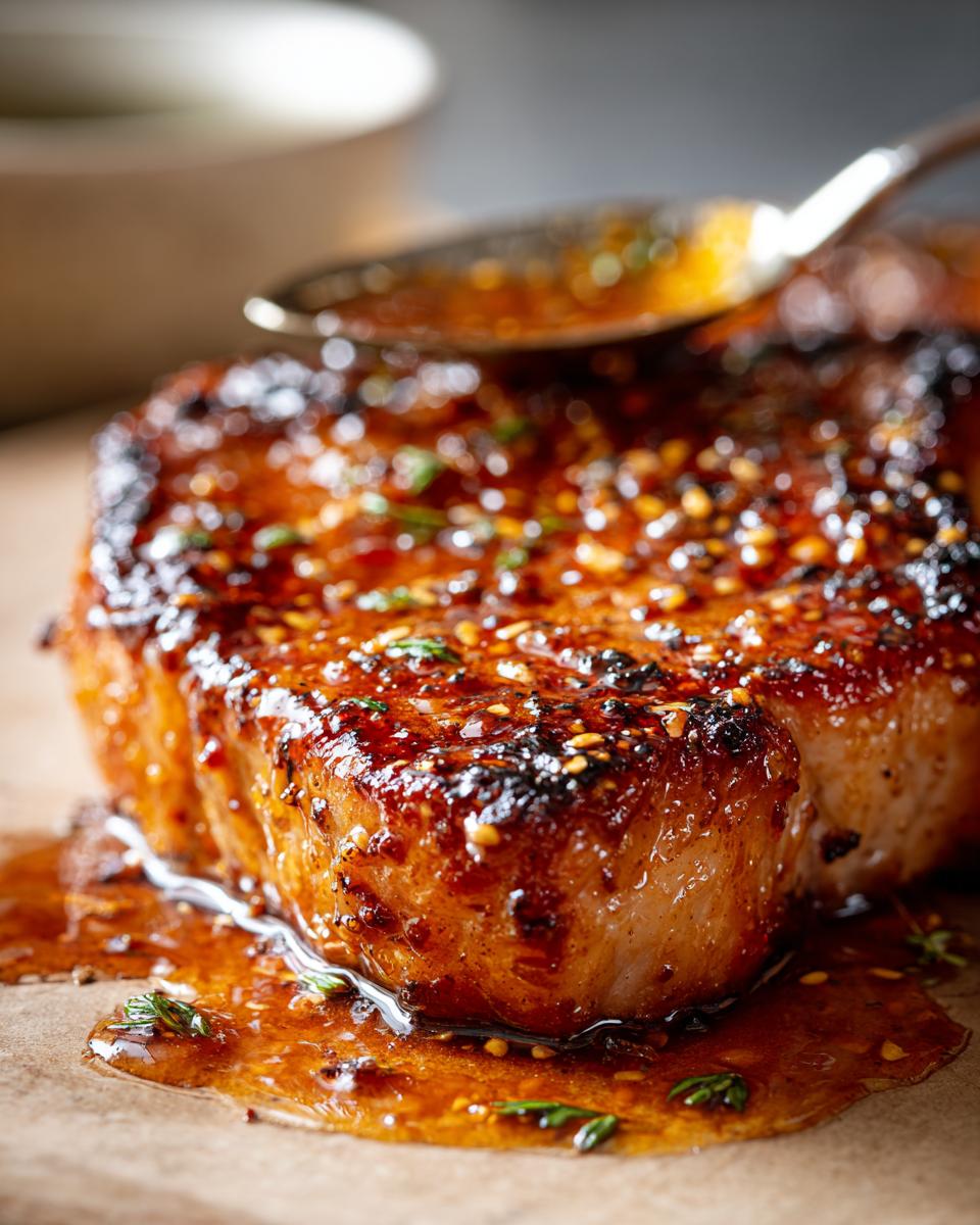 Close-up of a perfectly cooked honey garlic pork chop being basted with a glossy glaze.