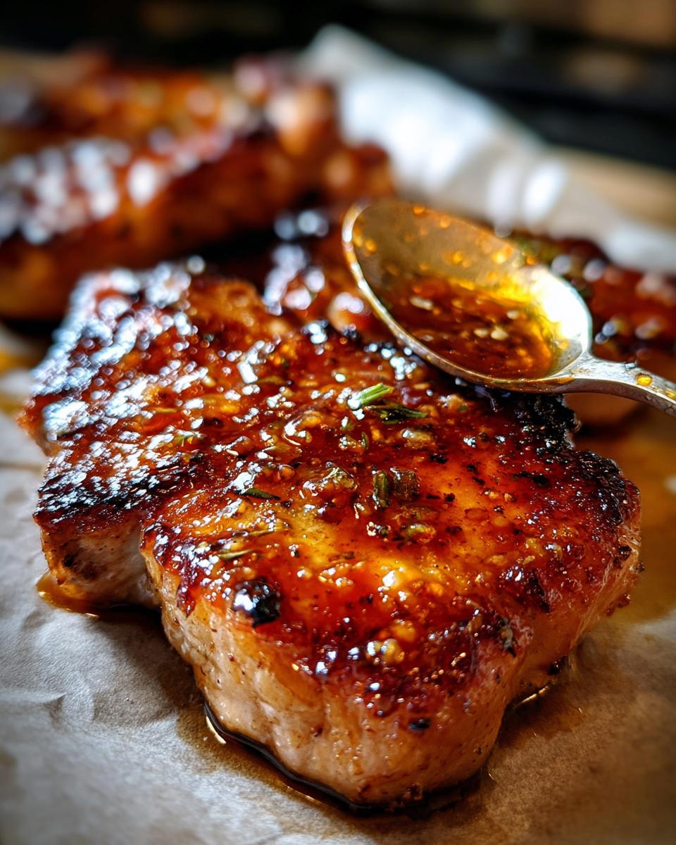 Close-up of a perfectly cooked honey garlic pork chop, glistening with sauce and herbs, with a spoon resting on top.
