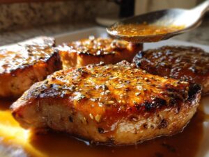 Close-up of juicy honey garlic pork chops being drizzled with glaze from a spoon.