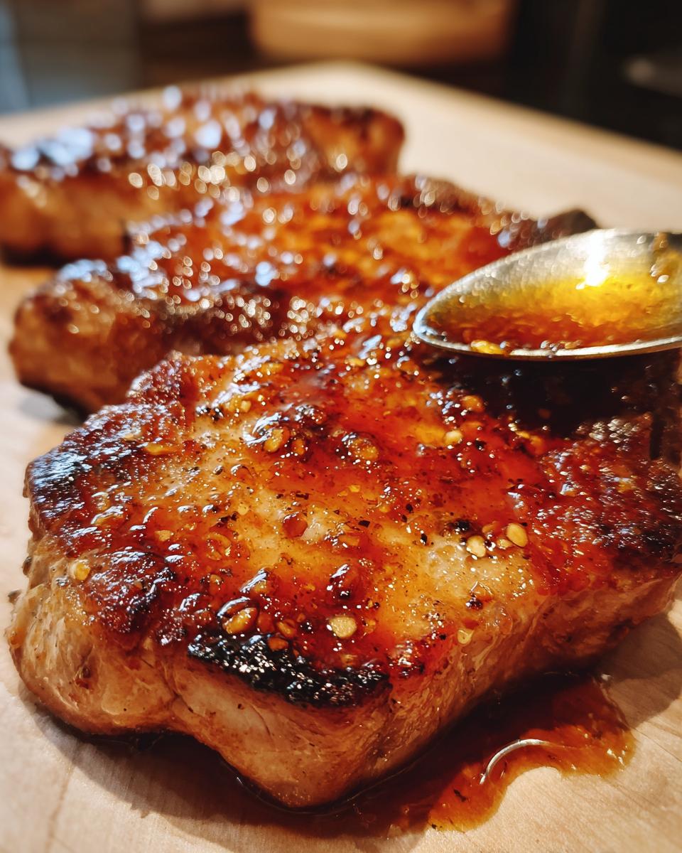 Close-up of juicy honey garlic pork chops being glazed with a spoon.