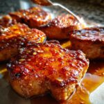 Close-up of juicy honey garlic pork chops coated in a glistening glaze with visible sesame seeds and chili flakes.