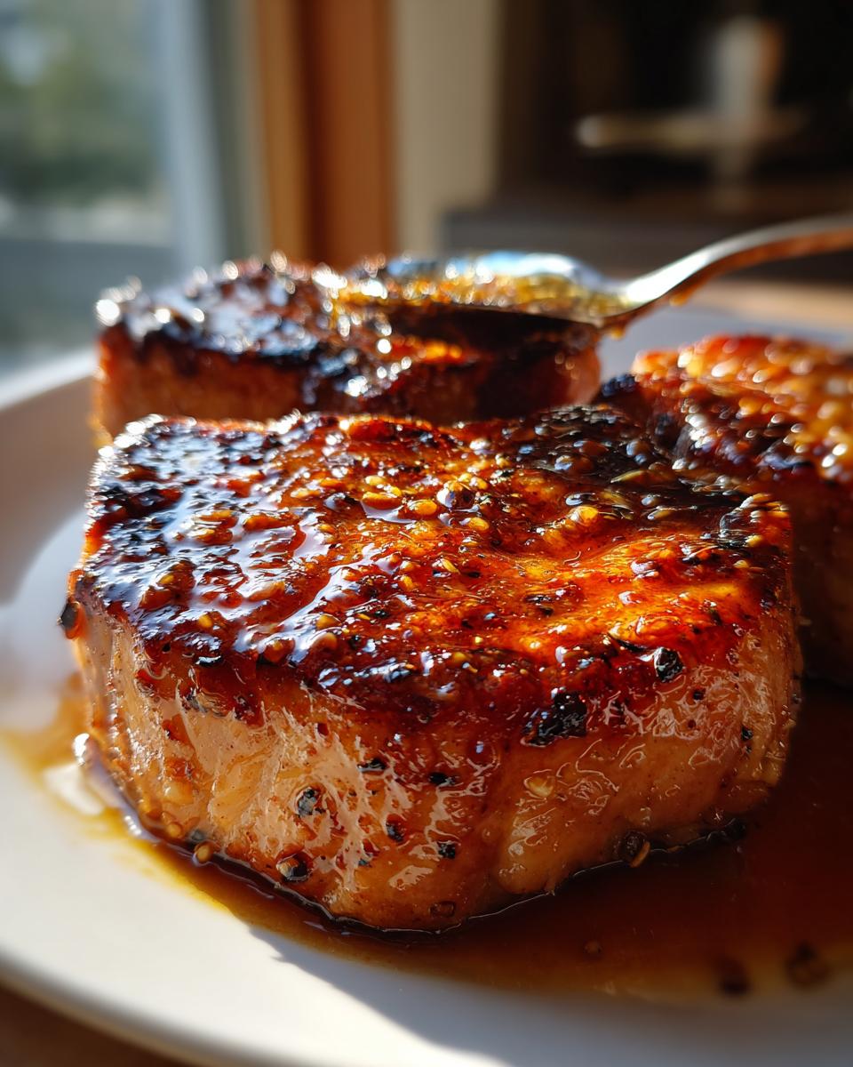 Close-up of succulent honey garlic pork chops glazed with a rich, glossy sauce and sprinkled with sesame seeds.