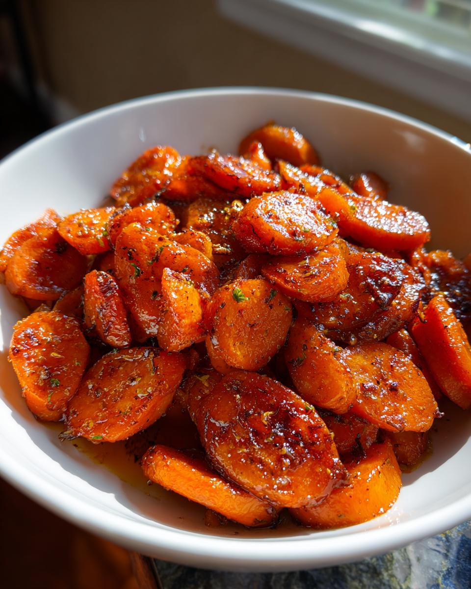 A close-up shot of glistening honey glazed carrots in a white bowl, seasoned with herbs.