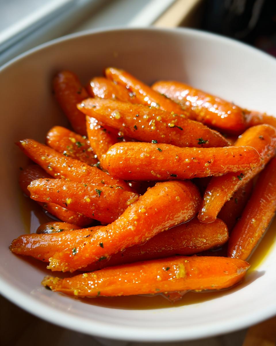A close-up of tender honey glazed carrots glistening in a white bowl, sprinkled with herbs.