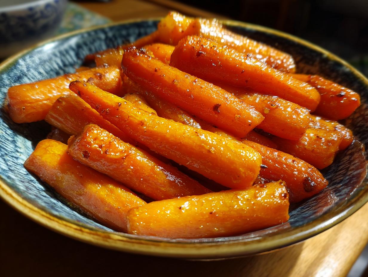 Close-up of a bowl filled with glistening honey glazed carrots, ready to be served.