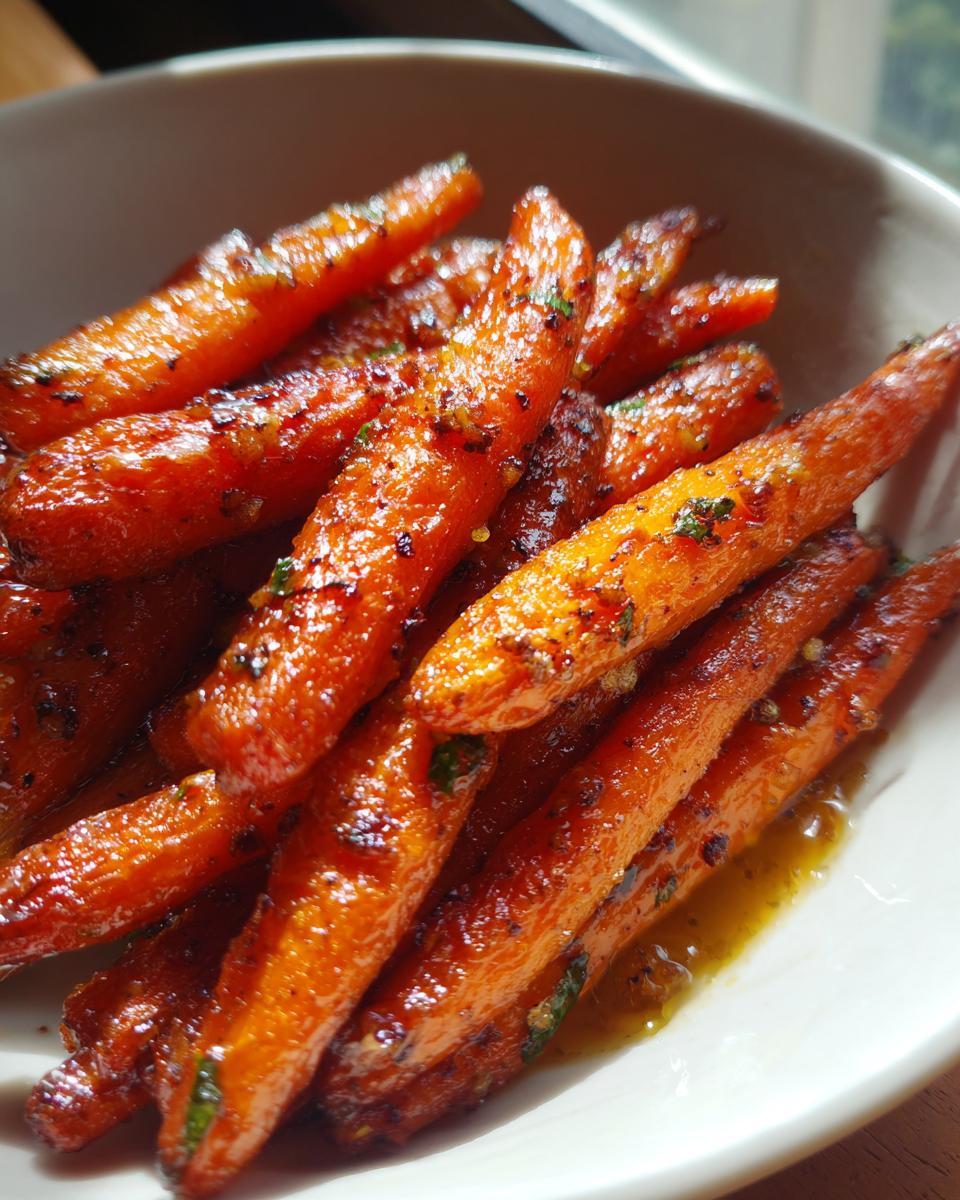 A close-up, slightly angled view of a bowl filled with glistening honey glazed carrots, sprinkled with herbs.