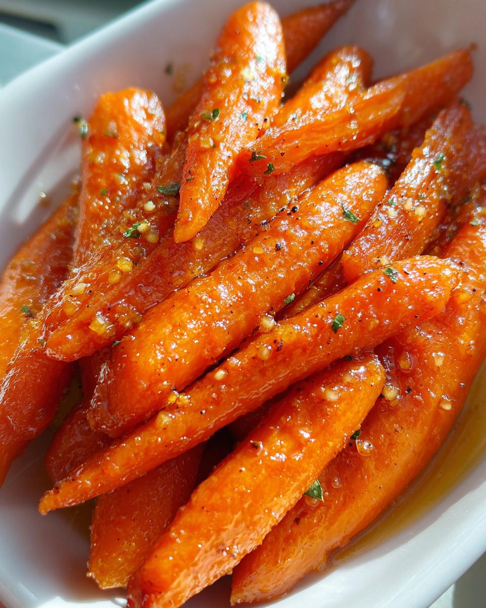 Close-up of tender honey glazed carrots sprinkled with fresh herbs and black pepper in a white dish.