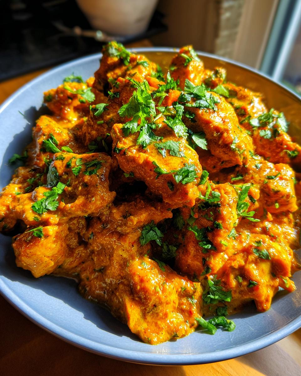 A close-up of a bowl filled with delicious Instant Pot Chicken Tikka Masala, garnished with fresh cilantro.