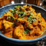 Close-up of tender chicken pieces in a creamy, orange tikka masala sauce, garnished with fresh cilantro, served in a blue bowl.