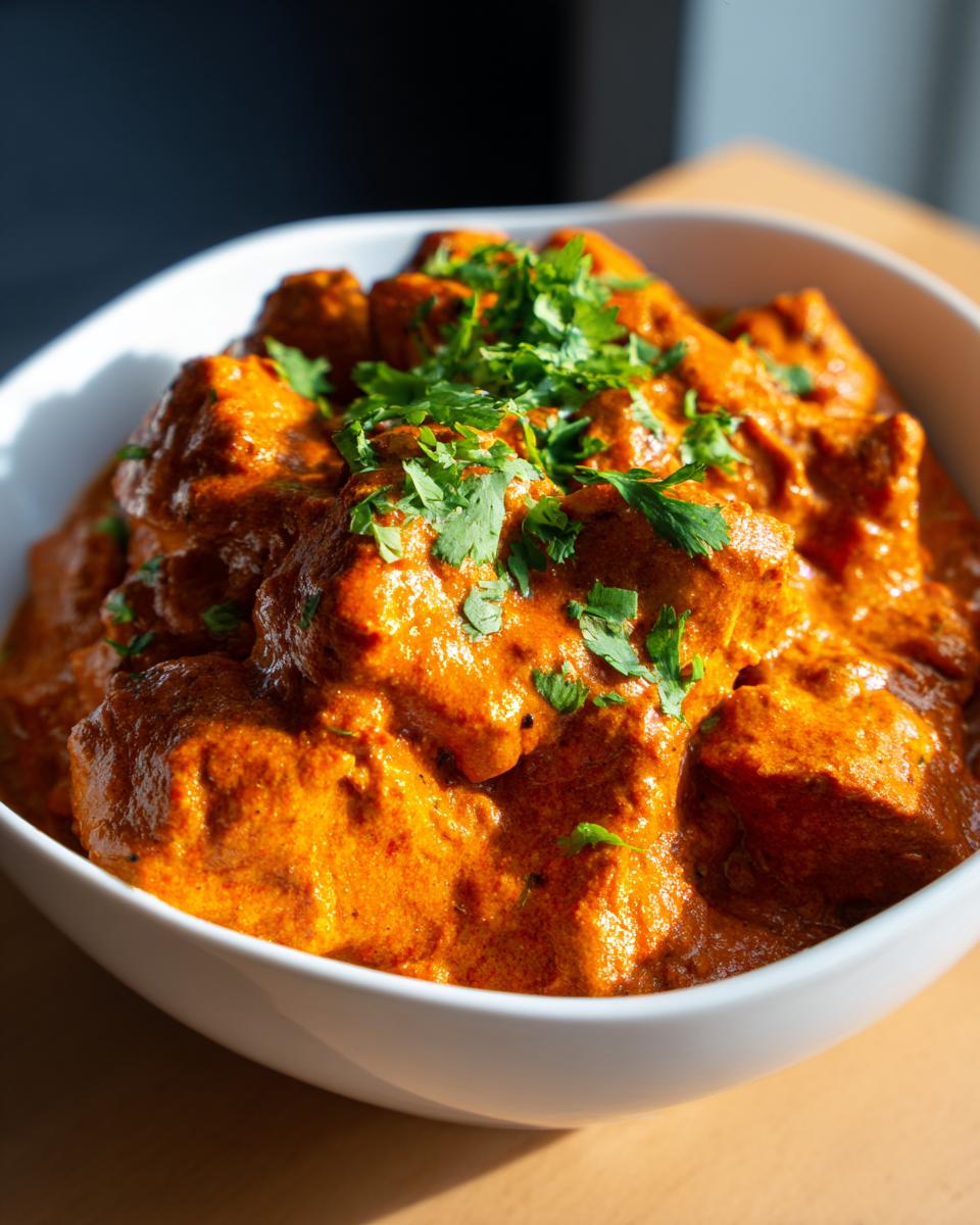 A white bowl filled with rich, creamy instant pot chicken tikka masala, garnished with fresh cilantro.
