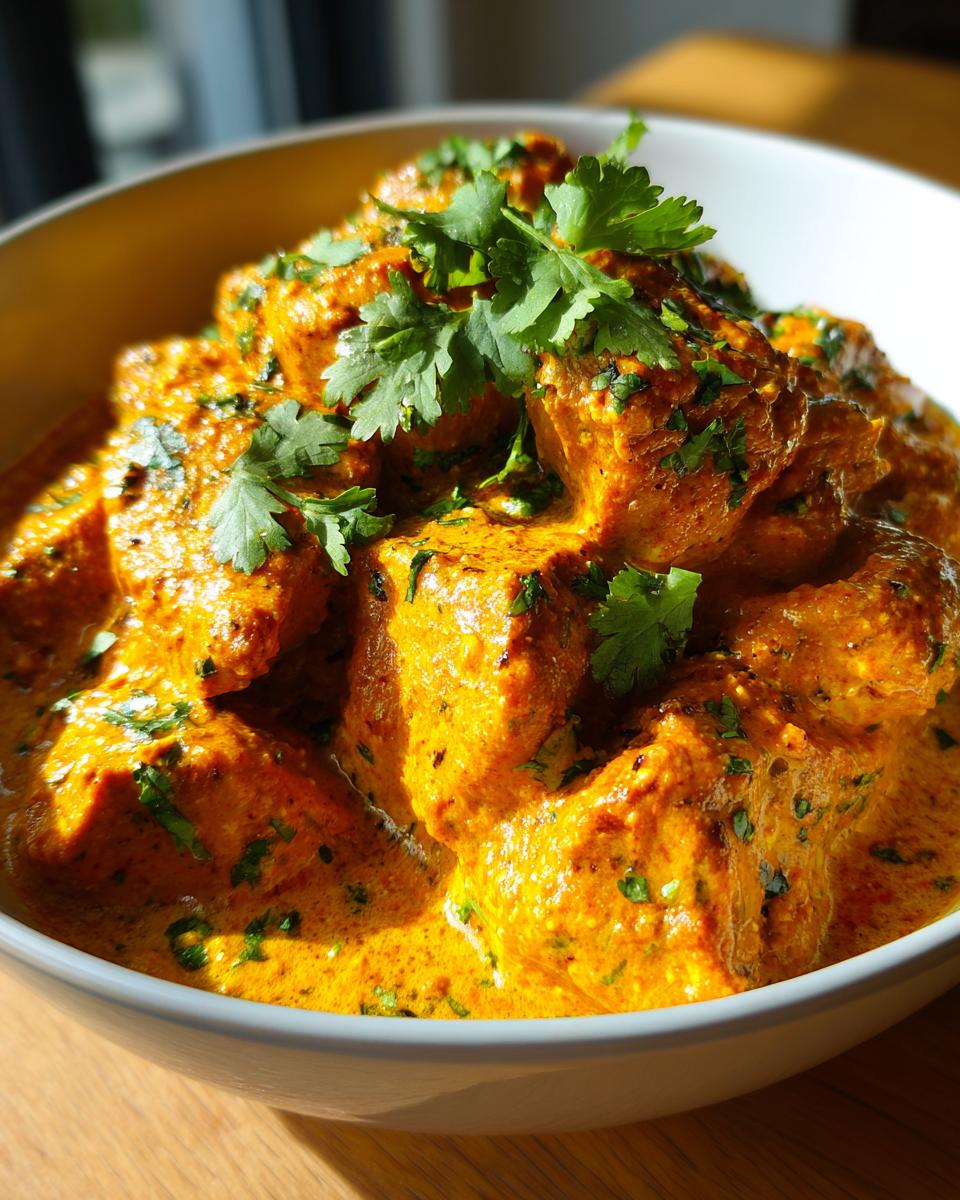 A close-up of tender chicken pieces in a creamy, orange sauce, garnished with fresh cilantro, representing Instant Pot Chicken Tikka Masala.