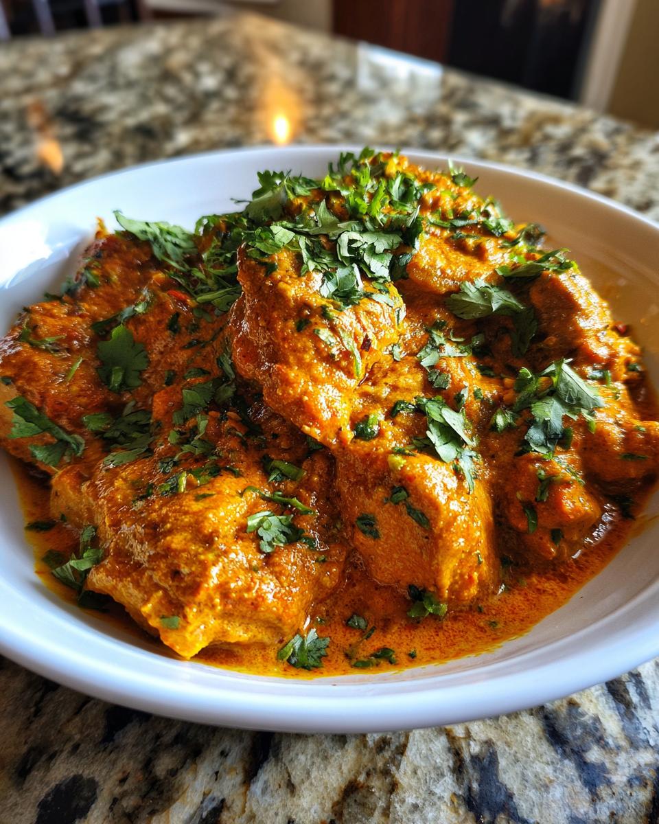 A close-up of tender chicken pieces in a creamy, orange tikka masala sauce, garnished with fresh cilantro.