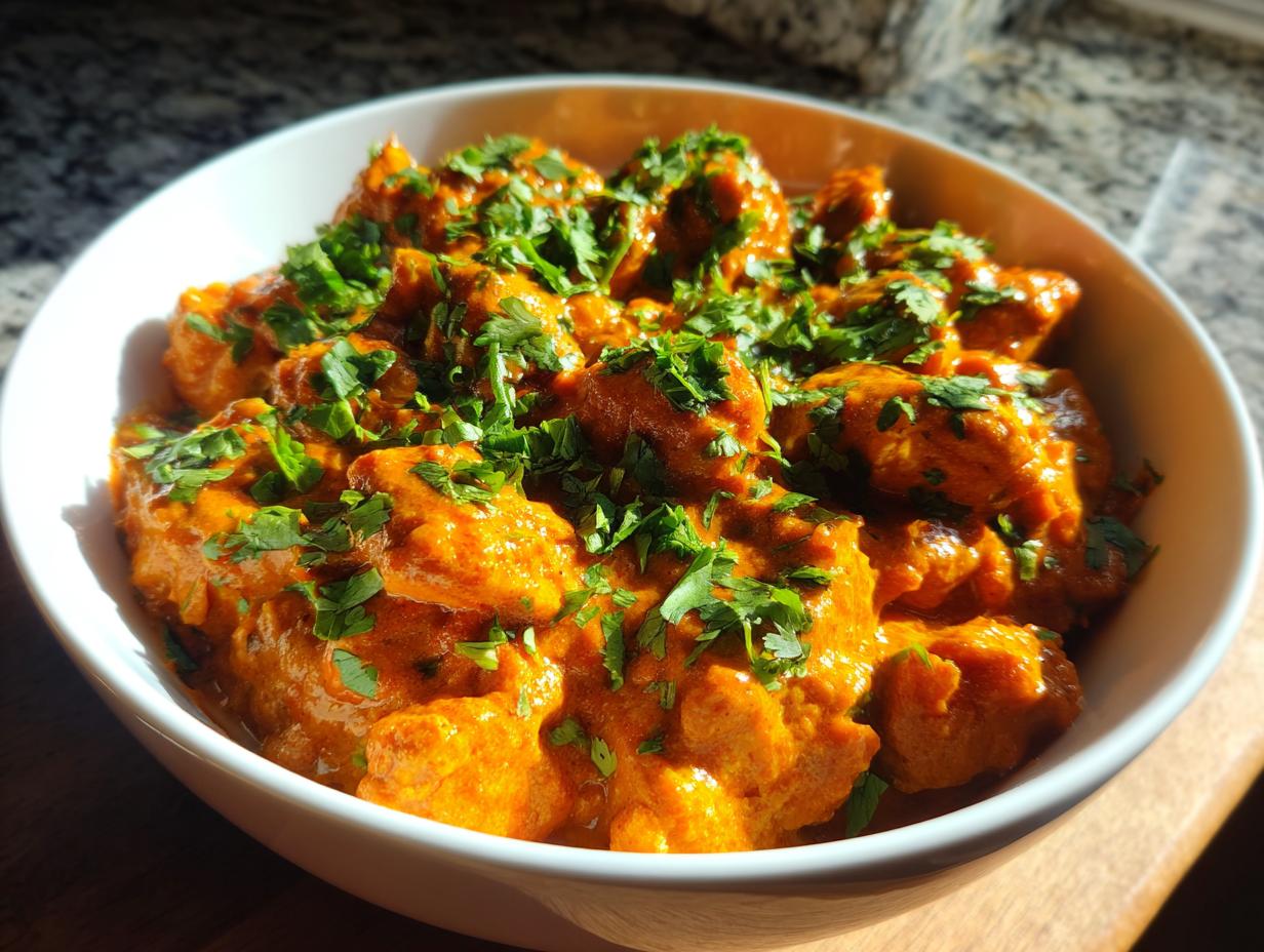 A bowl of creamy Instant Pot Chicken Tikka Masala, generously garnished with fresh chopped cilantro.