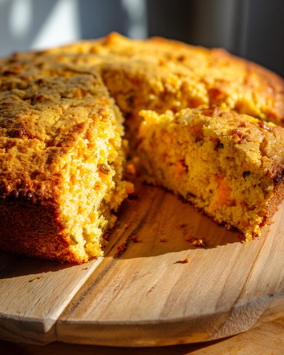 A close-up of a slice of Amazing Jalapeño Cheddar Cornbread on a wooden board.