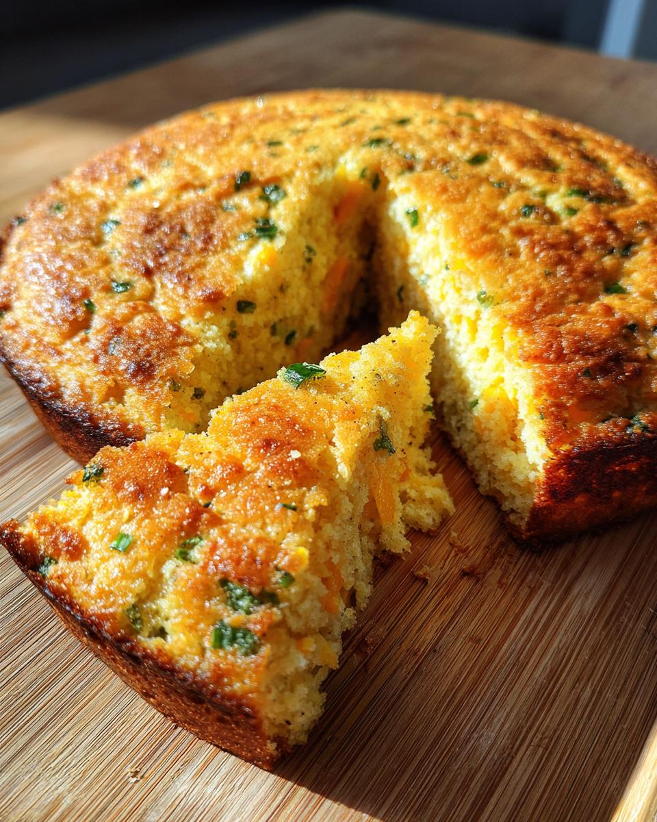 A slice of golden-brown Jalapeño Cheddar Cornbread with visible chunks of cheese and green herbs.