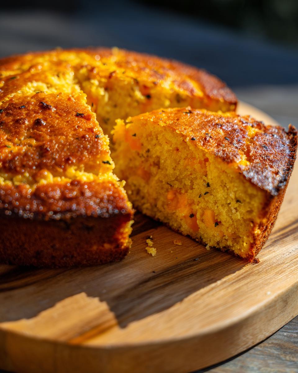 A close-up of a slice of golden Jalapeño Cheddar Cornbread on a wooden board, showing visible chunks of cheddar and jalapeño.