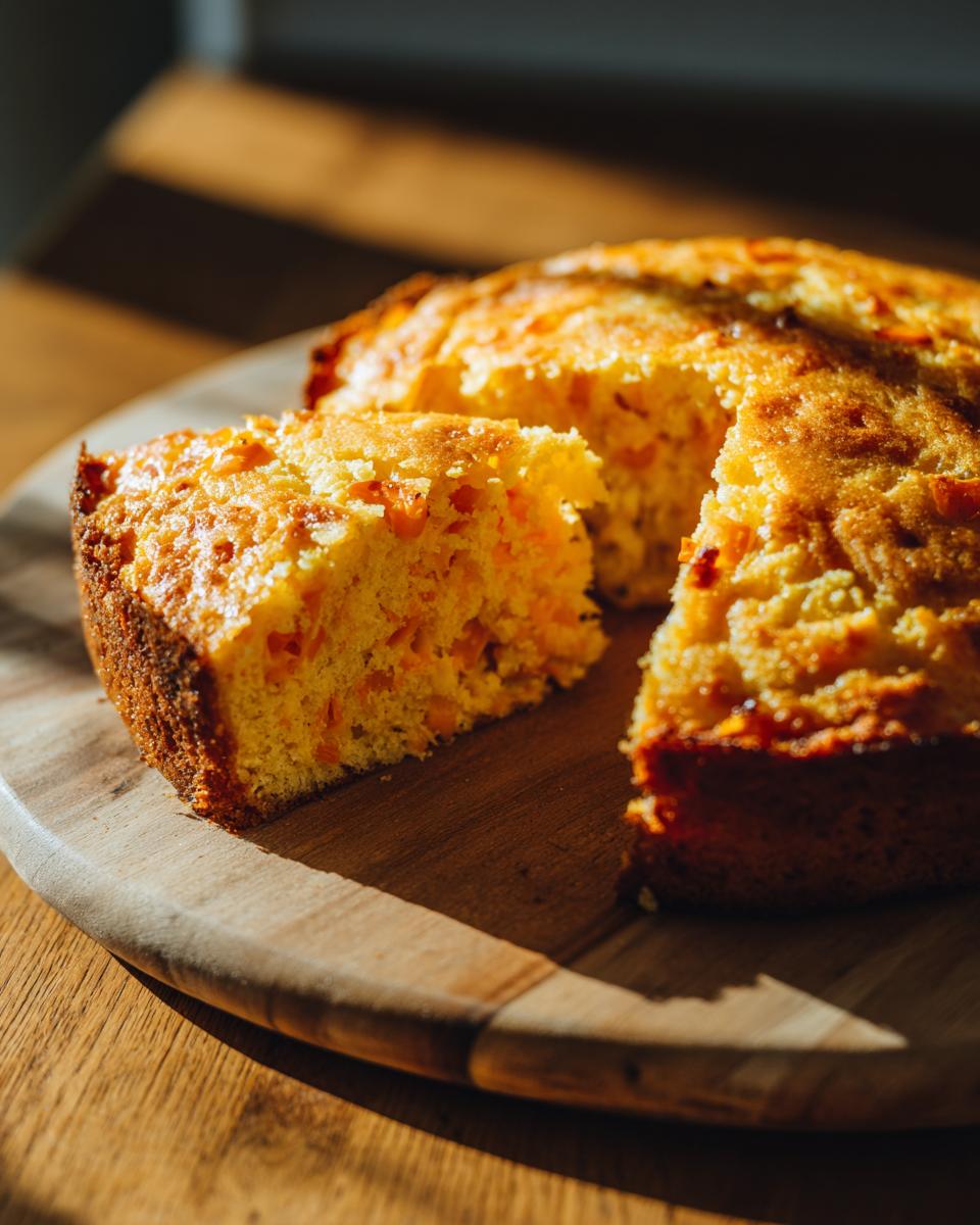 A slice of golden-brown Jalapeño Cheddar Cornbread with visible pieces of jalapeño and cheddar.