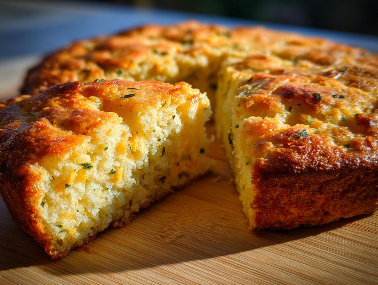 A close-up of a slice of golden-brown Jalapeño Cheddar Cornbread on a wooden board, showing visible cheese and herbs.