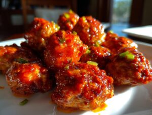 Close-up of juicy buffalo chicken meatballs coated in a glossy red sauce, garnished with chopped green onions.