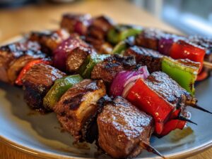 A close-up of several juicy grilled steak kabobs with colorful bell peppers and red onion on a plate.