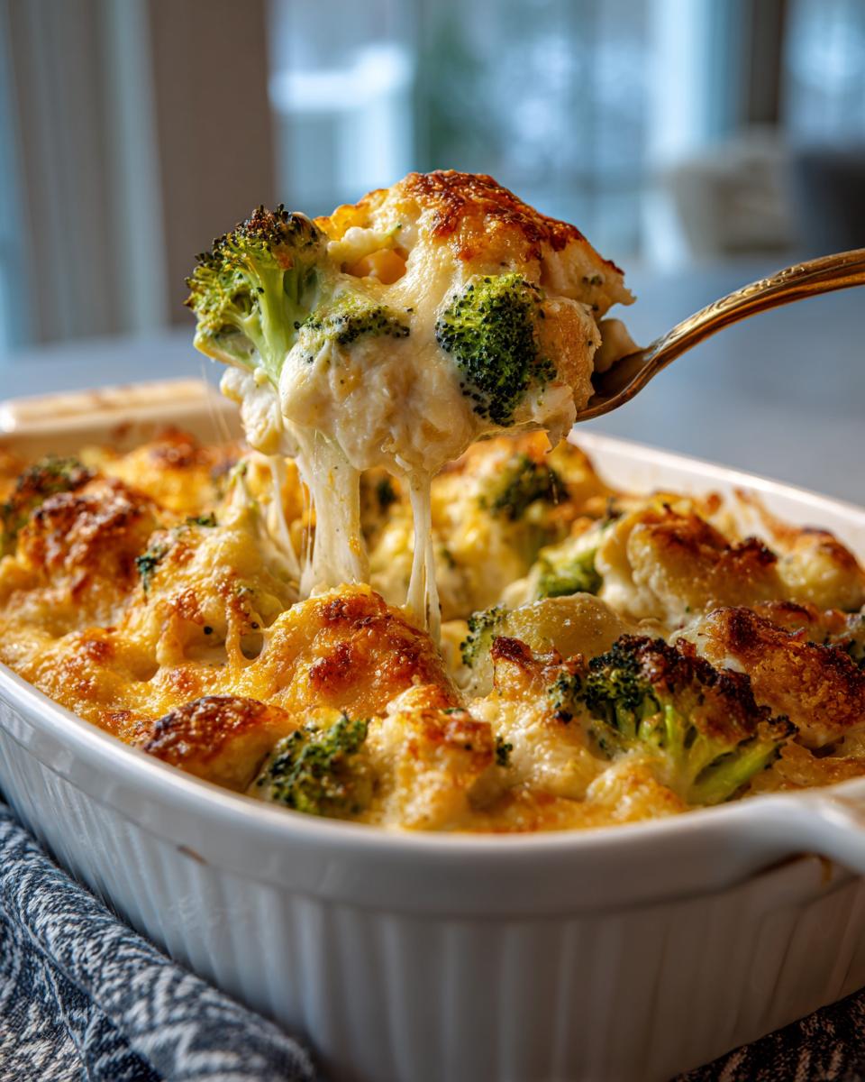 A spoonful of cheesy keto chicken casserole with broccoli and melted cheese.