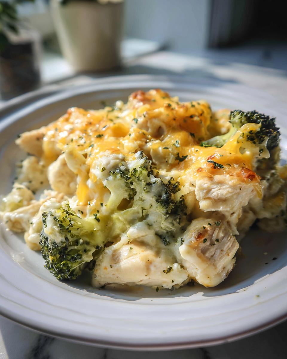 A close-up of a serving of keto chicken casserole, featuring tender chicken pieces, broccoli florets, and melted cheese, garnished with herbs.