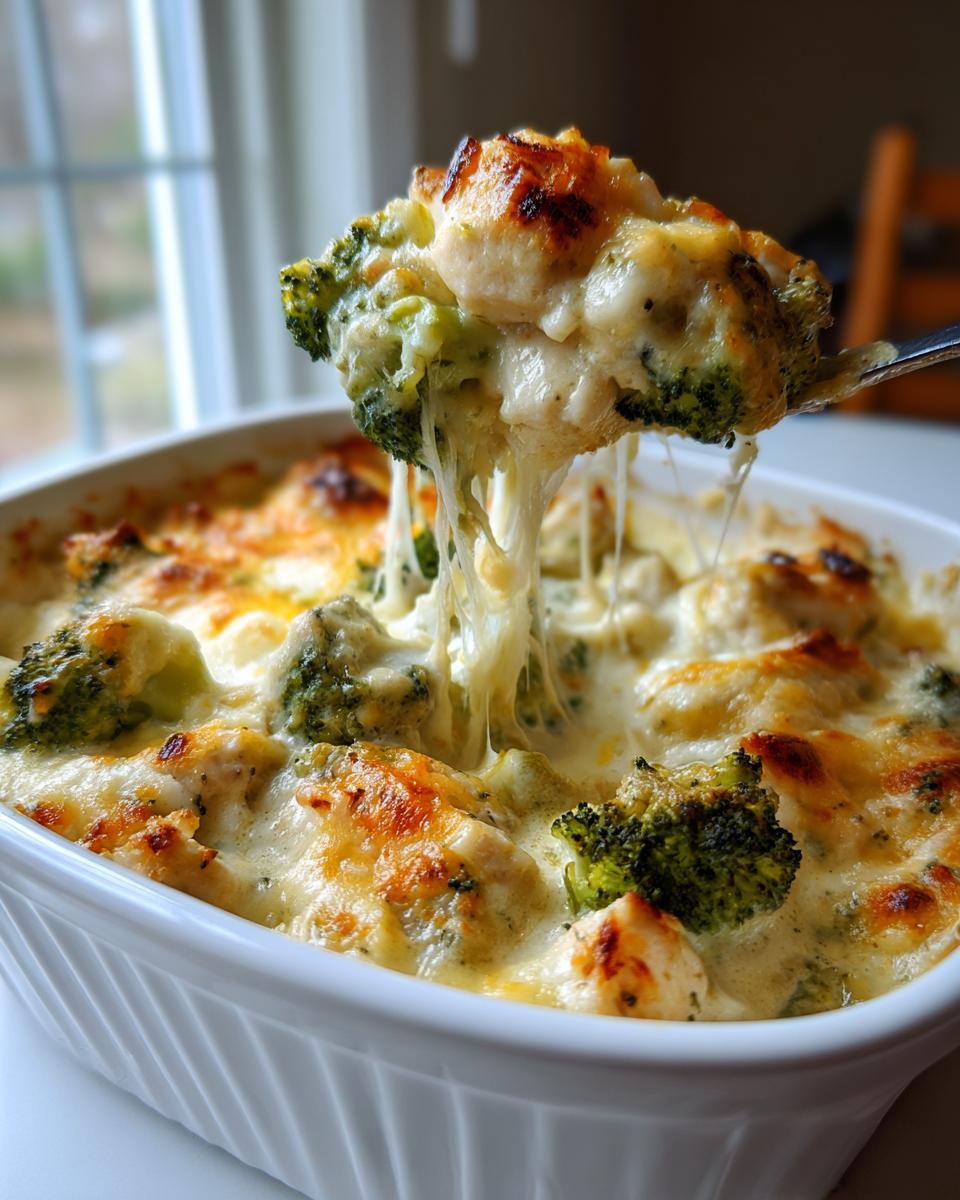 A spoonful of cheesy keto chicken casserole with broccoli, showing melted cheese strings.