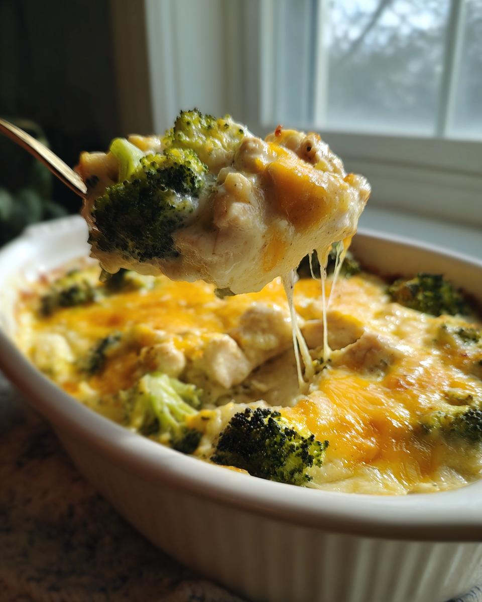 A spoonful of creamy keto chicken casserole with broccoli and melted cheese, showing gooey cheese pulls.