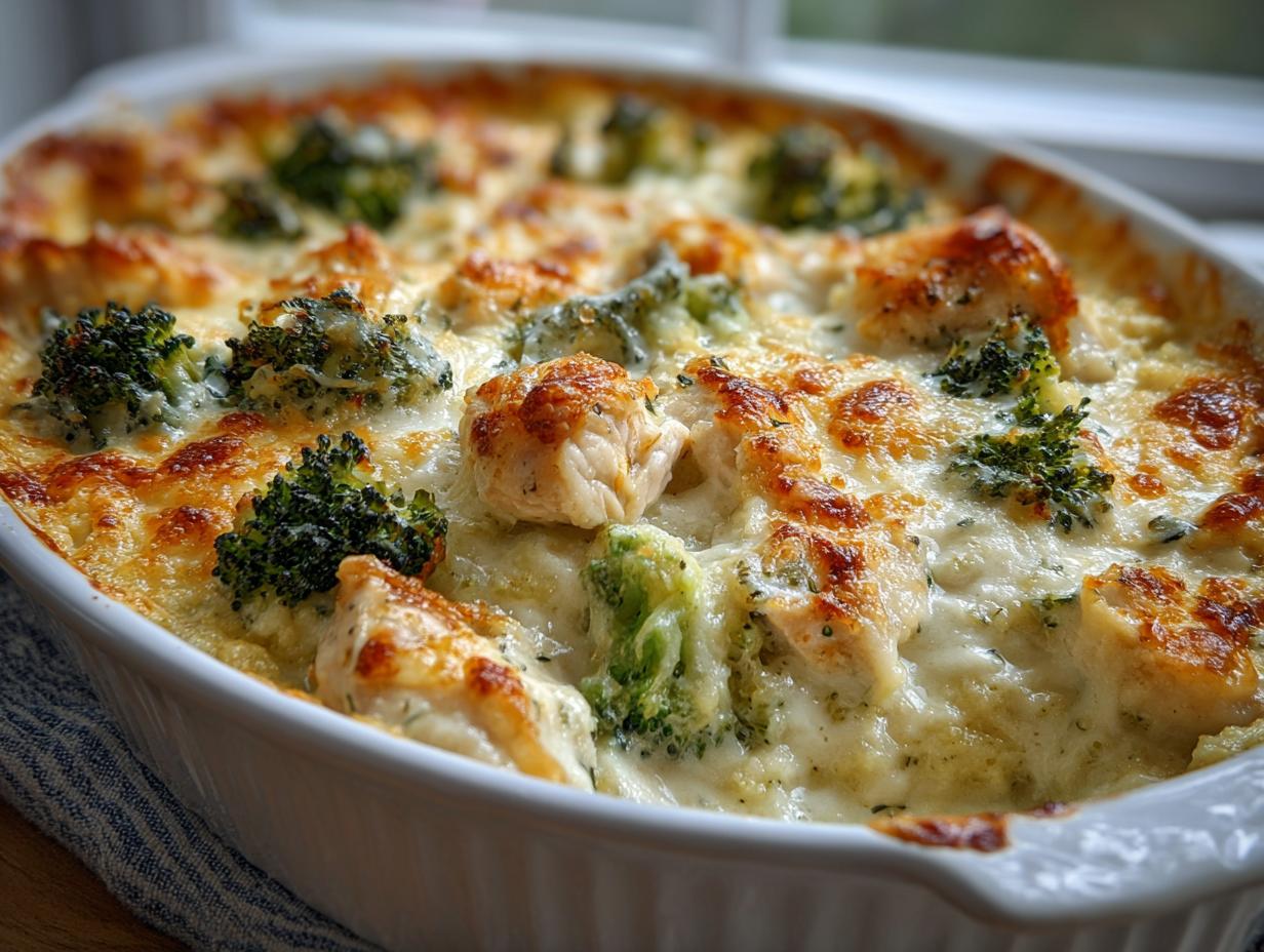 Close-up of a bubbling keto chicken casserole with tender chicken pieces and florets of broccoli baked in a creamy cheese sauce.
