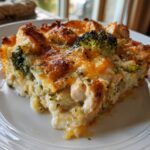 A close-up, mouth-watering slice of keto chicken casserole with broccoli and melted cheese.