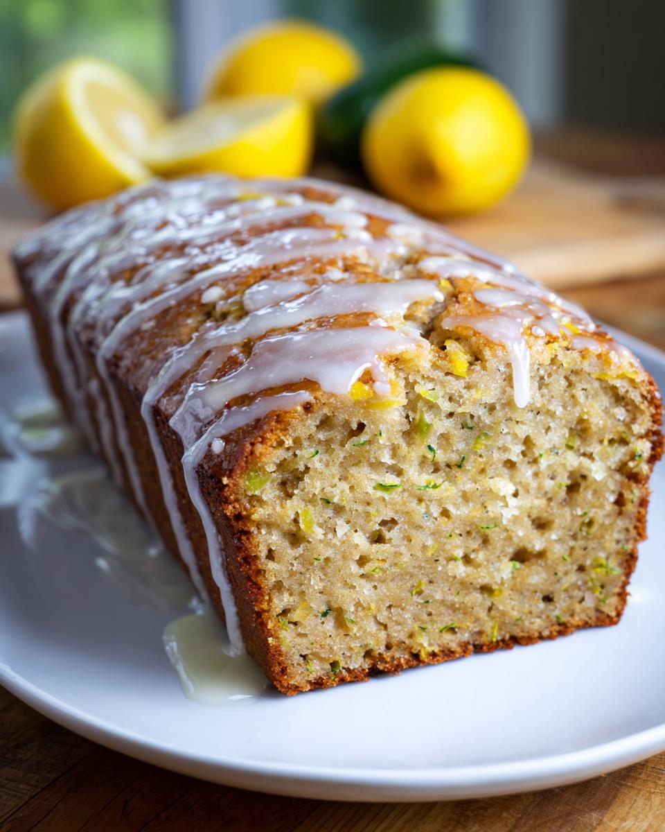 A moist loaf of lemon zucchini bread drizzled with a white glaze, with lemons and zucchini in the background.