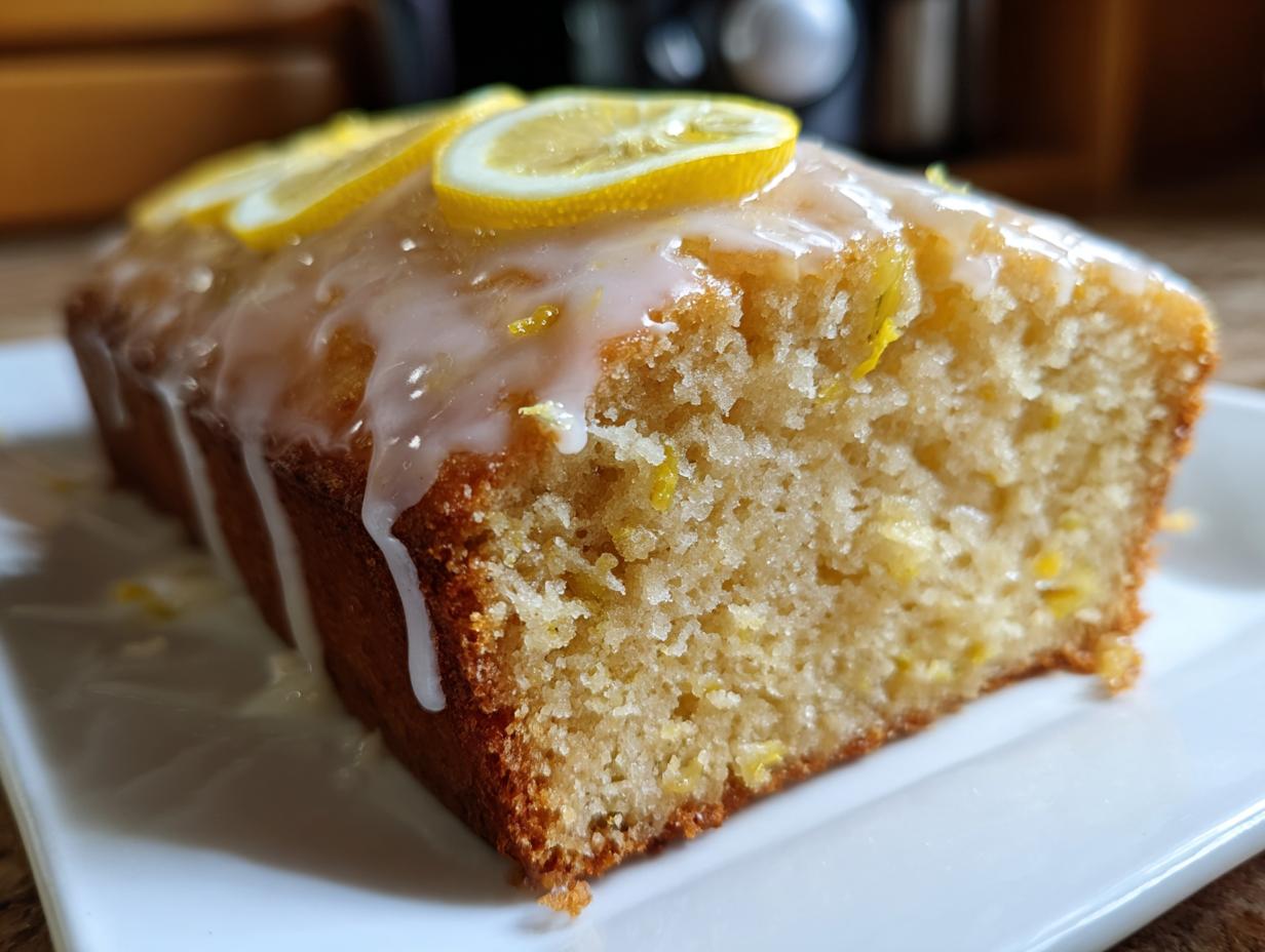 A close-up of a slice of moist lemon zucchini bread, topped with a white glaze and lemon slices.