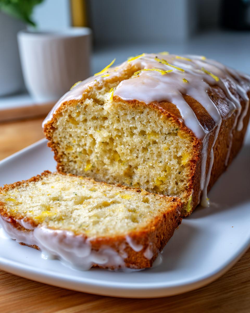 A slice of moist lemon zucchini bread topped with a sweet glaze and lemon zest.
