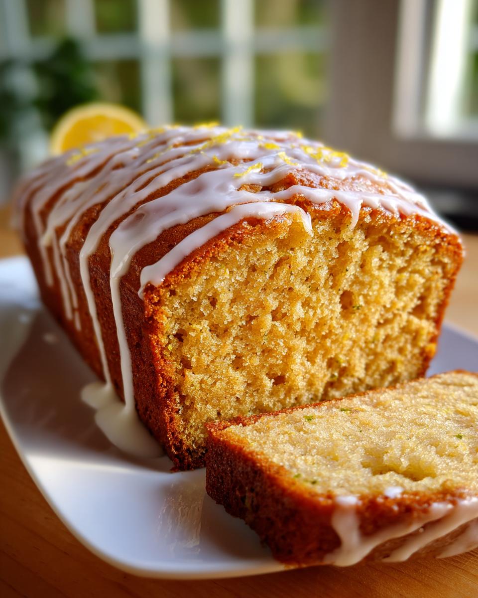 A slice of moist lemon zucchini bread with a drizzled glaze and lemon zest on top.