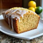 A slice of moist lemon zucchini bread topped with a white glaze and lemon zest.