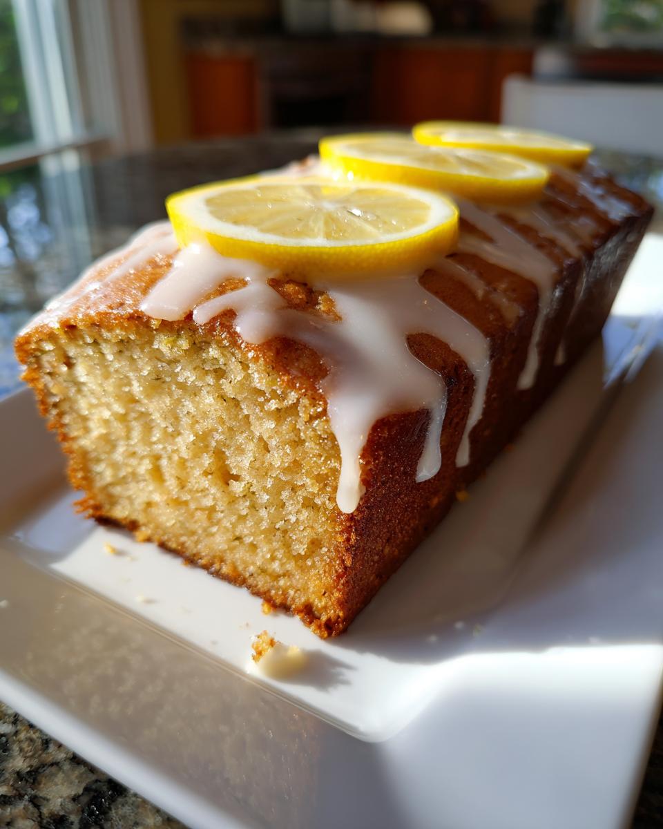 A slice of moist lemon zucchini bread topped with a white glaze and three lemon slices.