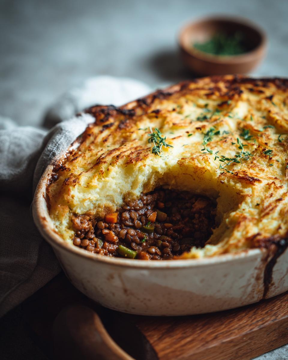 A close-up of a freshly baked lentil shepherd's pie, showing the rich lentil filling beneath a golden mashed potato crust, garnished with herbs.