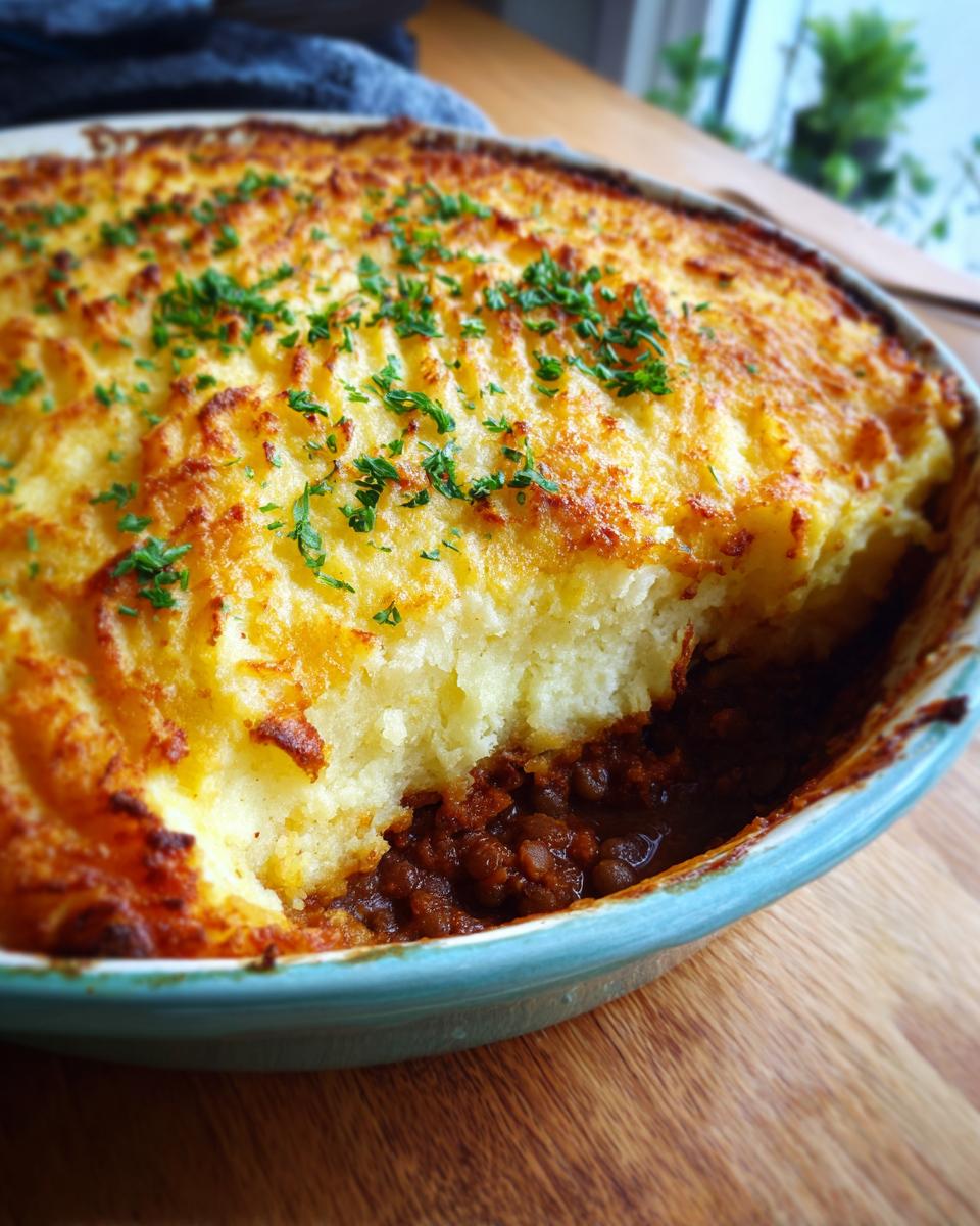 Close-up of a Lentil Shepherd's Pie in a baking dish, showing a scoop removed to reveal the rich lentil filling beneath a golden mashed potato crust, garnished with parsley.