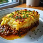 A close-up of a hearty slice of lentil shepherd's pie, featuring a rich lentil base and a golden mashed potato topping.