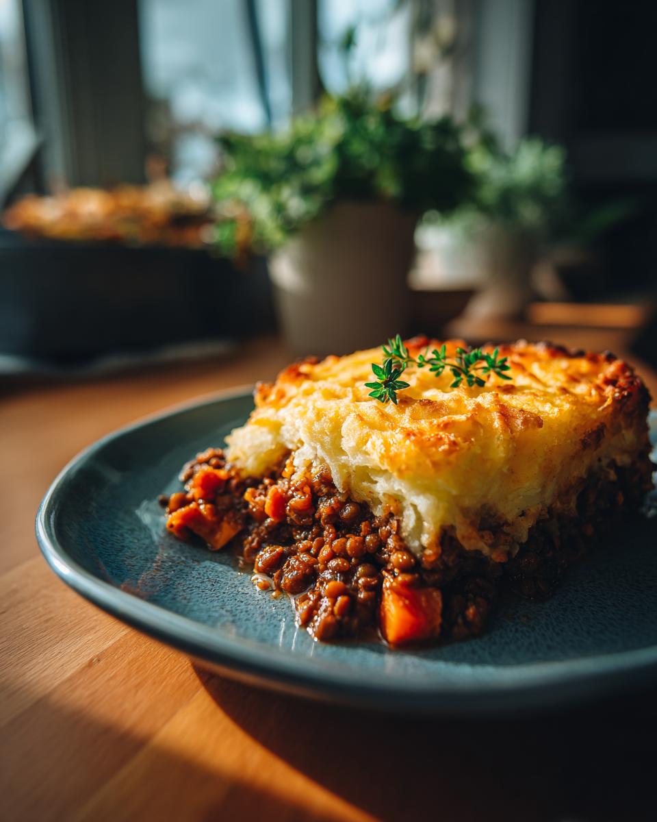 A close-up of a hearty slice of lentil shepherd's pie on a blue plate, topped with golden mashed potatoes and garnished with thyme.