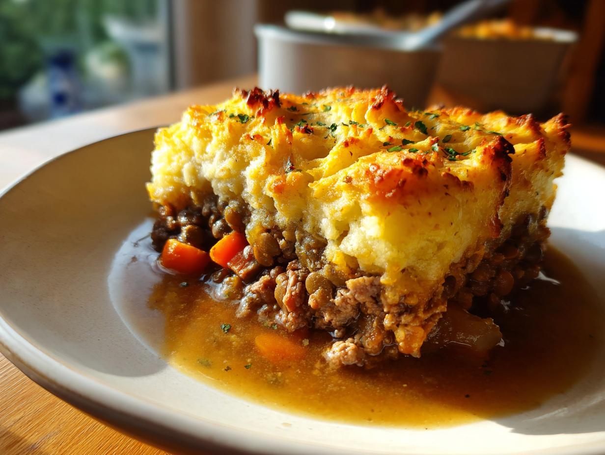 A close-up of a hearty slice of lentil shepherd's pie, featuring a rich lentil and vegetable base topped with golden mashed potatoes.