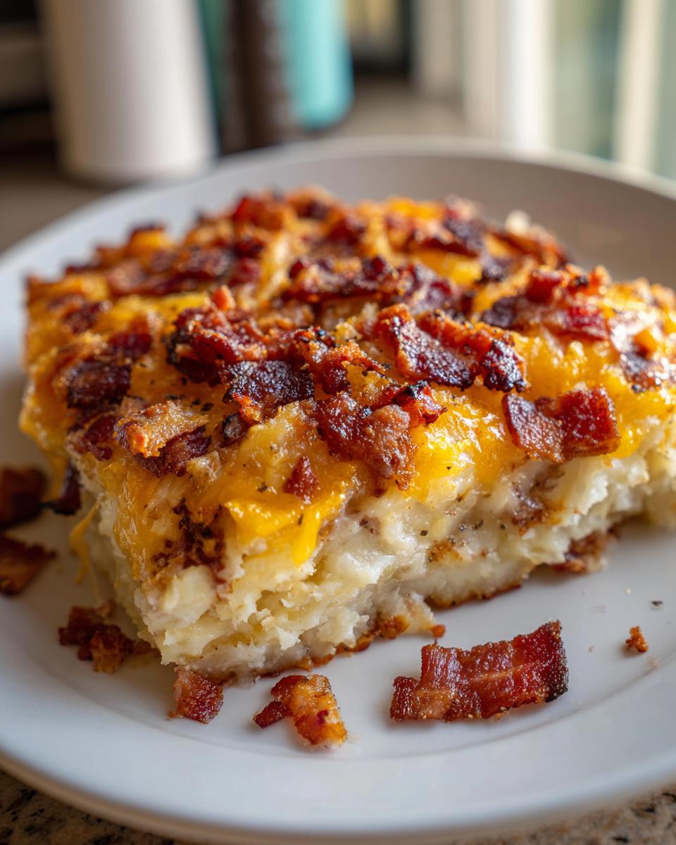 A close-up of a slice of loaded baked potato casserole topped with melted cheddar cheese and crispy bacon.