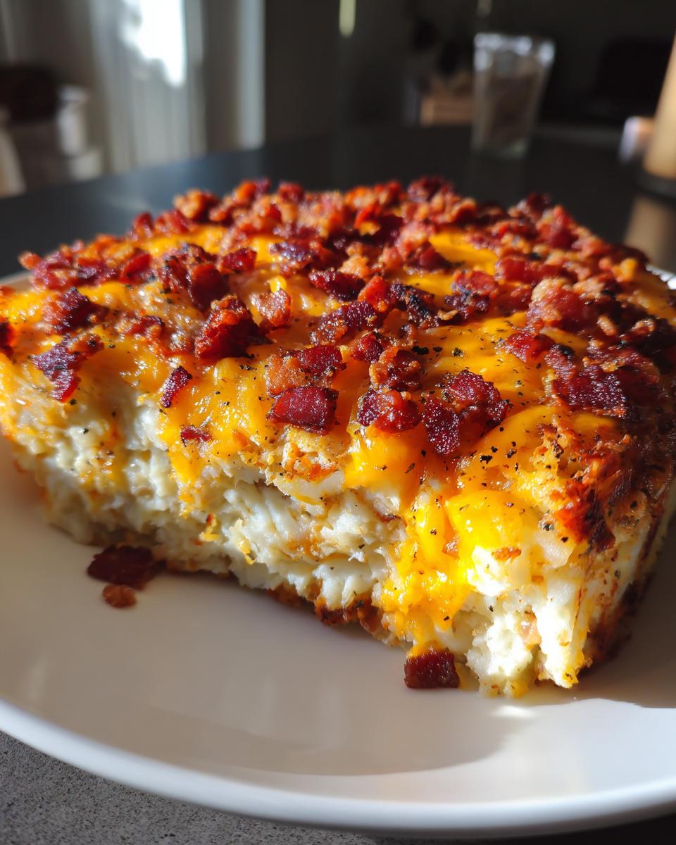 A close-up shot of a slice of loaded baked potato casserole topped with melted cheese and crispy bacon.