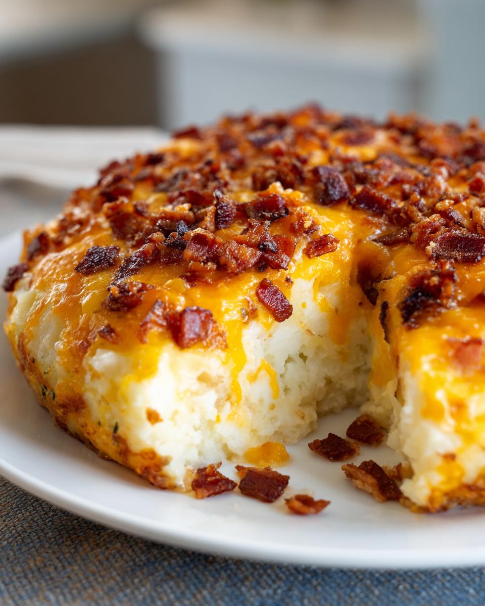 A slice removed from a round loaded baked potato casserole, topped with melted cheddar cheese and crispy bacon bits.