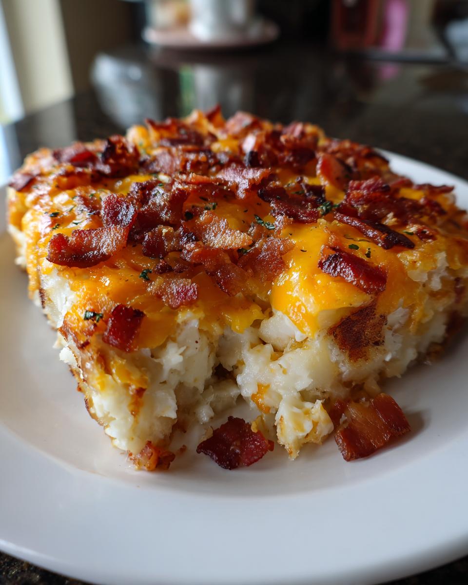 A close-up of a slice of loaded baked potato casserole topped with melted cheddar cheese and crispy bacon.