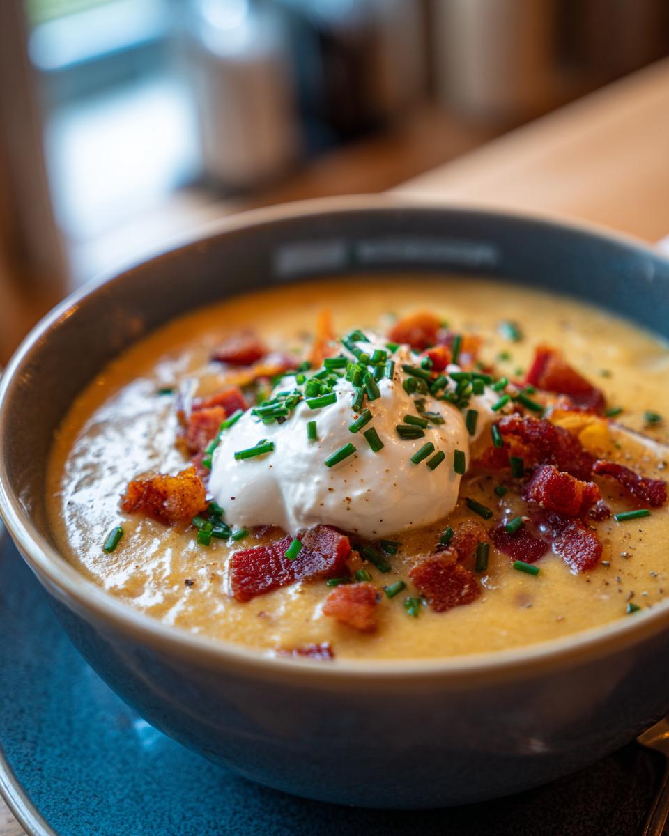 A close-up of a bowl of loaded baked potato soup topped with sour cream, bacon bits, and fresh chives.